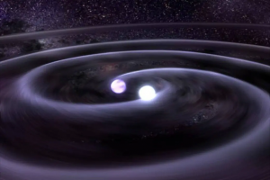 In a binary star system known as J0806, two dense white dwarf stars orbit each other once every 321 seconds.