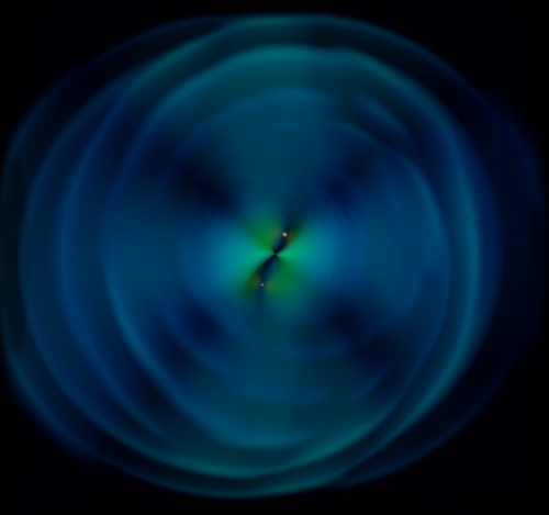 Visualisation of gravitational waves from a massive black hole binary merger.